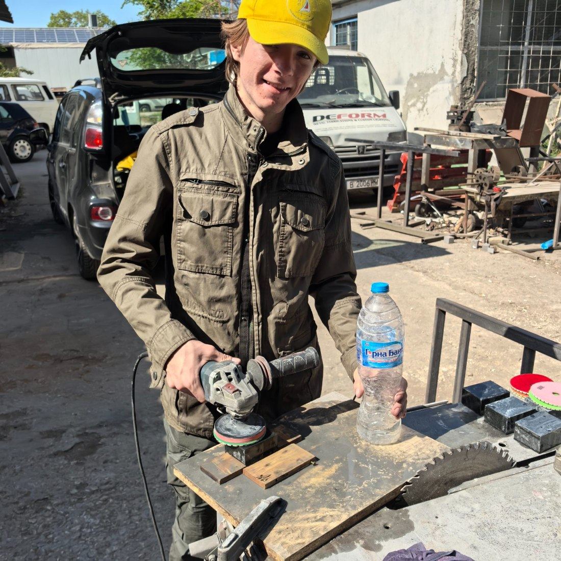 Polishing the granite pedestals
